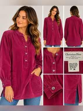 Vintage Christian Dior Corduroy Tunic Top Magenta Pink 100% Cotton Size M